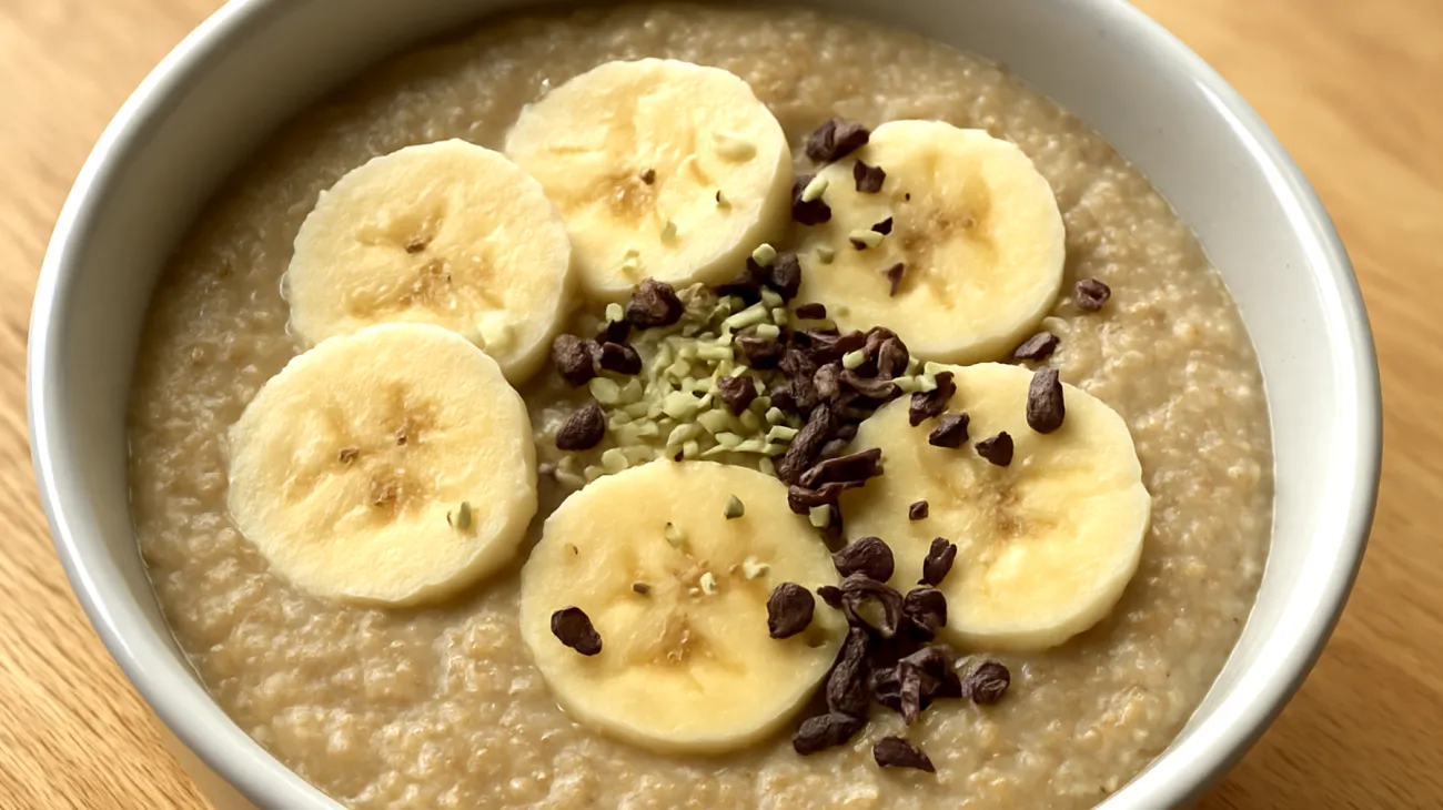 Amaranth-Bananen-Brei mit Kakao-Nibs und Hanfsamen"