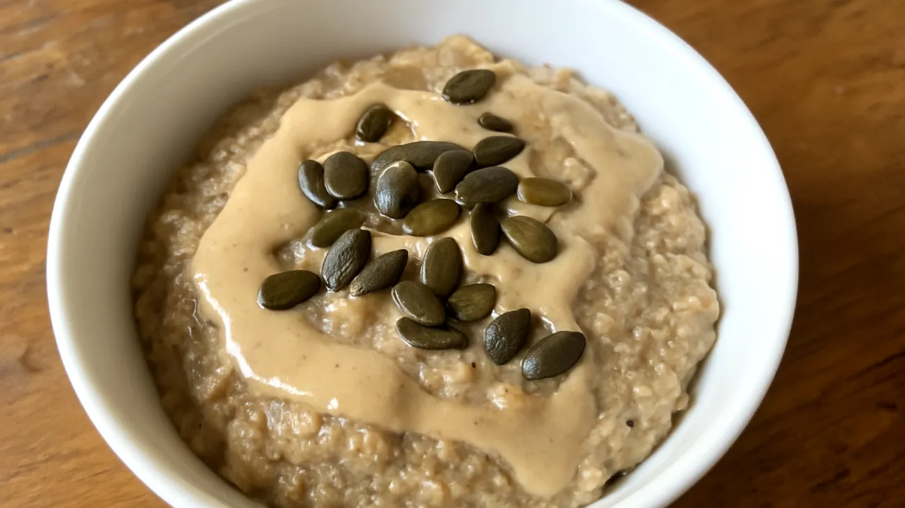 Amaranth-Buchweizen-Brei mit Tahini und Kürbiskernen"