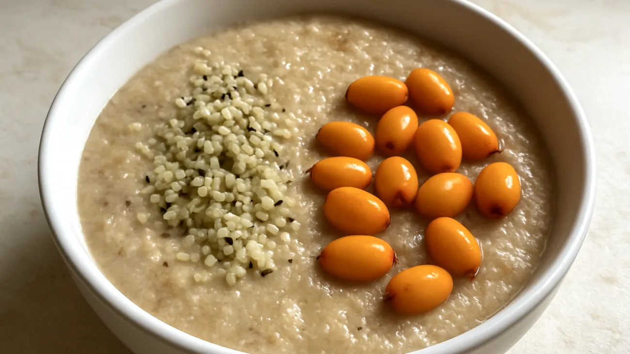 Amaranth-Porridge mit Hanfsamen und Sanddornbeeren"