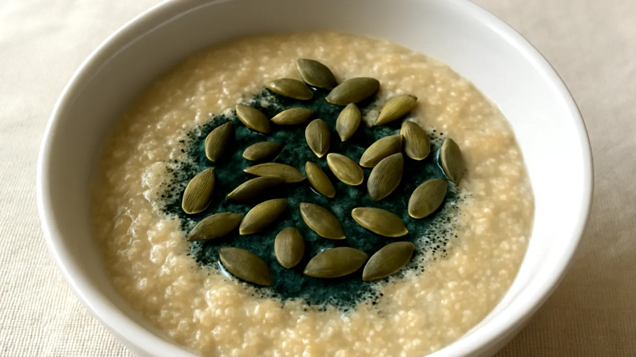 Amaranth-Porridge mit Spirulina und Kürbiskernen"