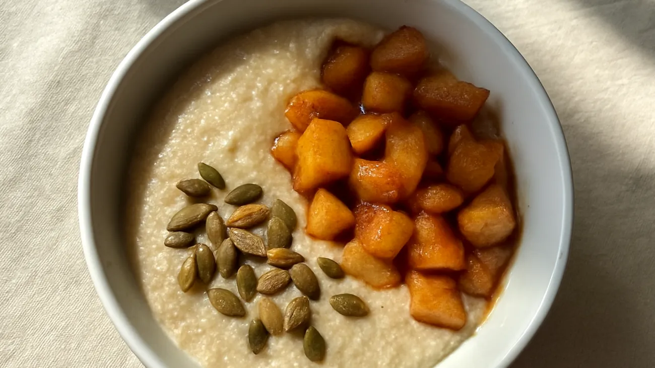 Amaranth-Porridge mit gerösteten Kürbiskernen und Apfelkompott"