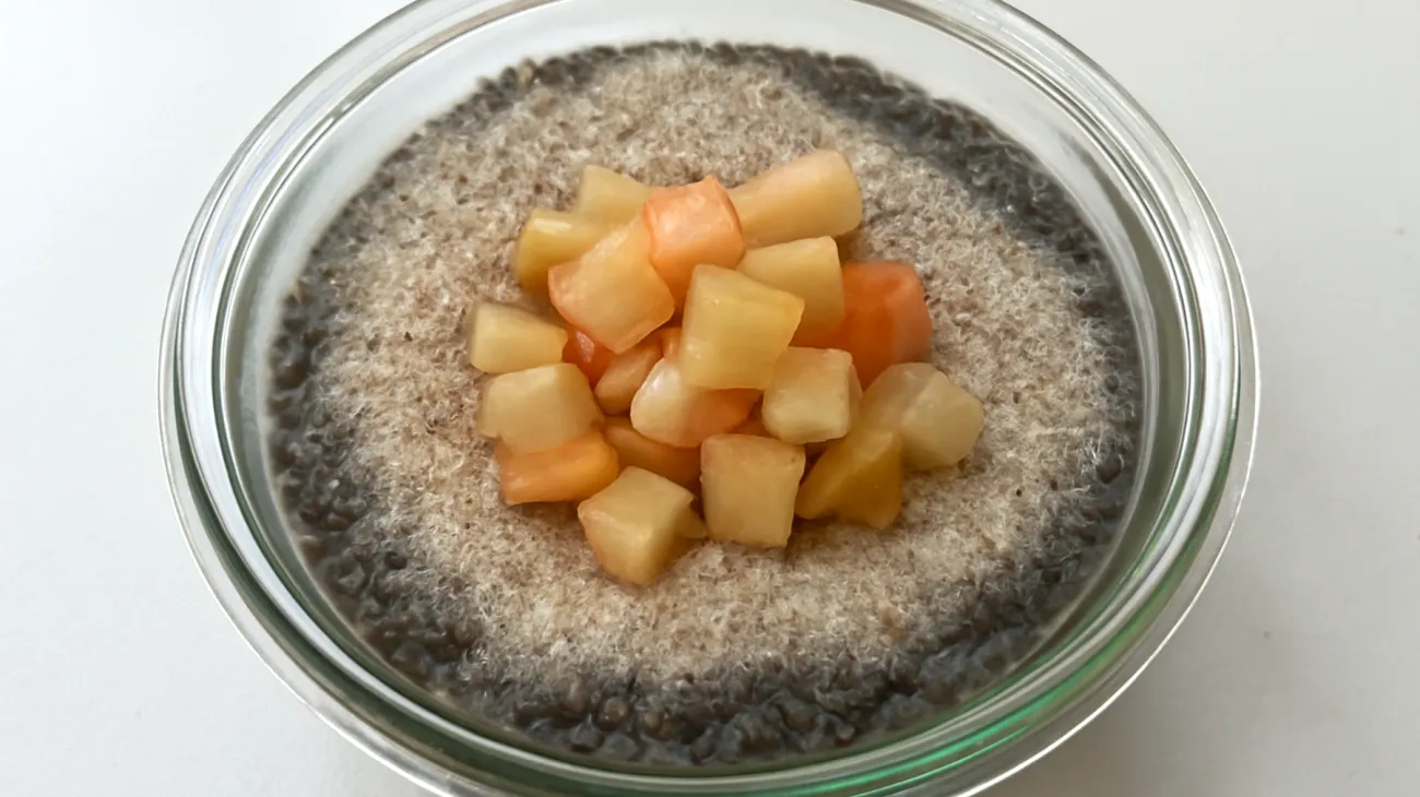 Chia-Pudding mit Flohsamenschalen und fermentierten Gemüsewürfeln"