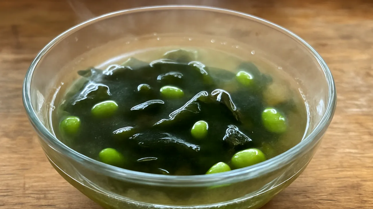 Miso-Suppe mit Wakame-Algen und Edamame"