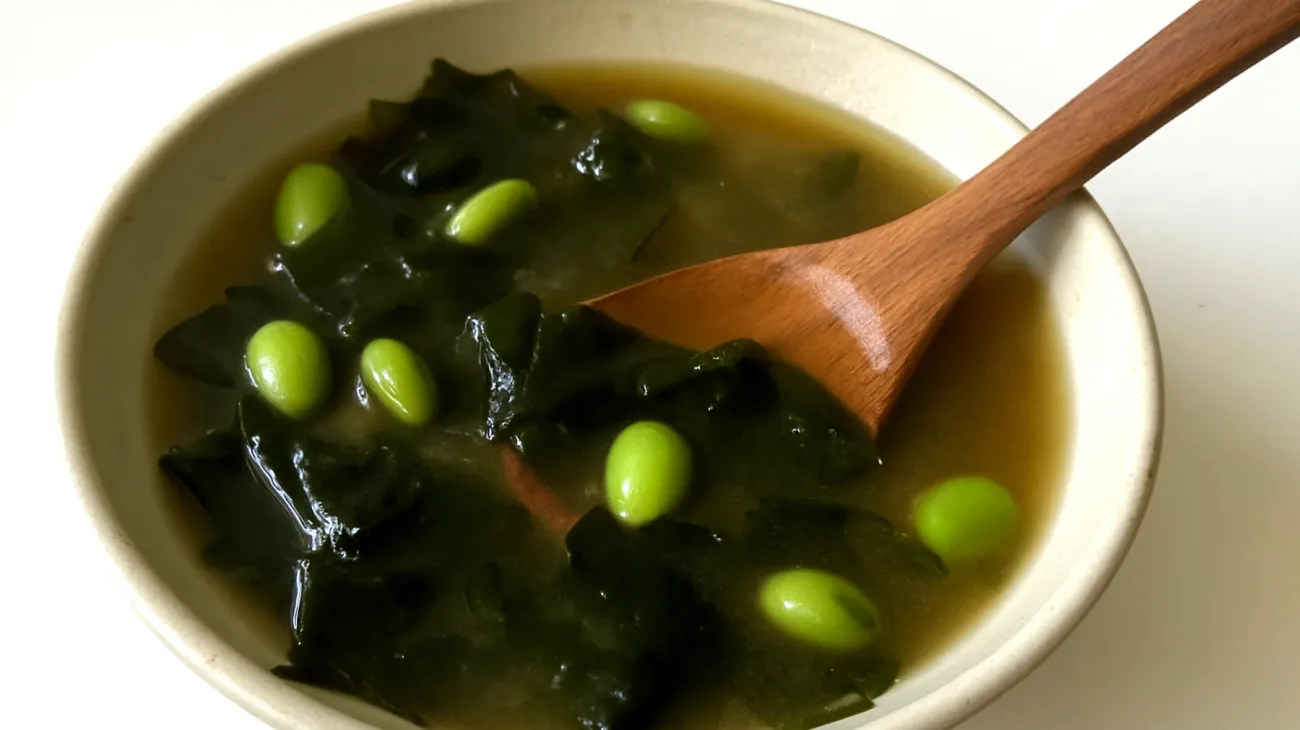 Miso-Suppe mit Wakame-Algen und Edamame"