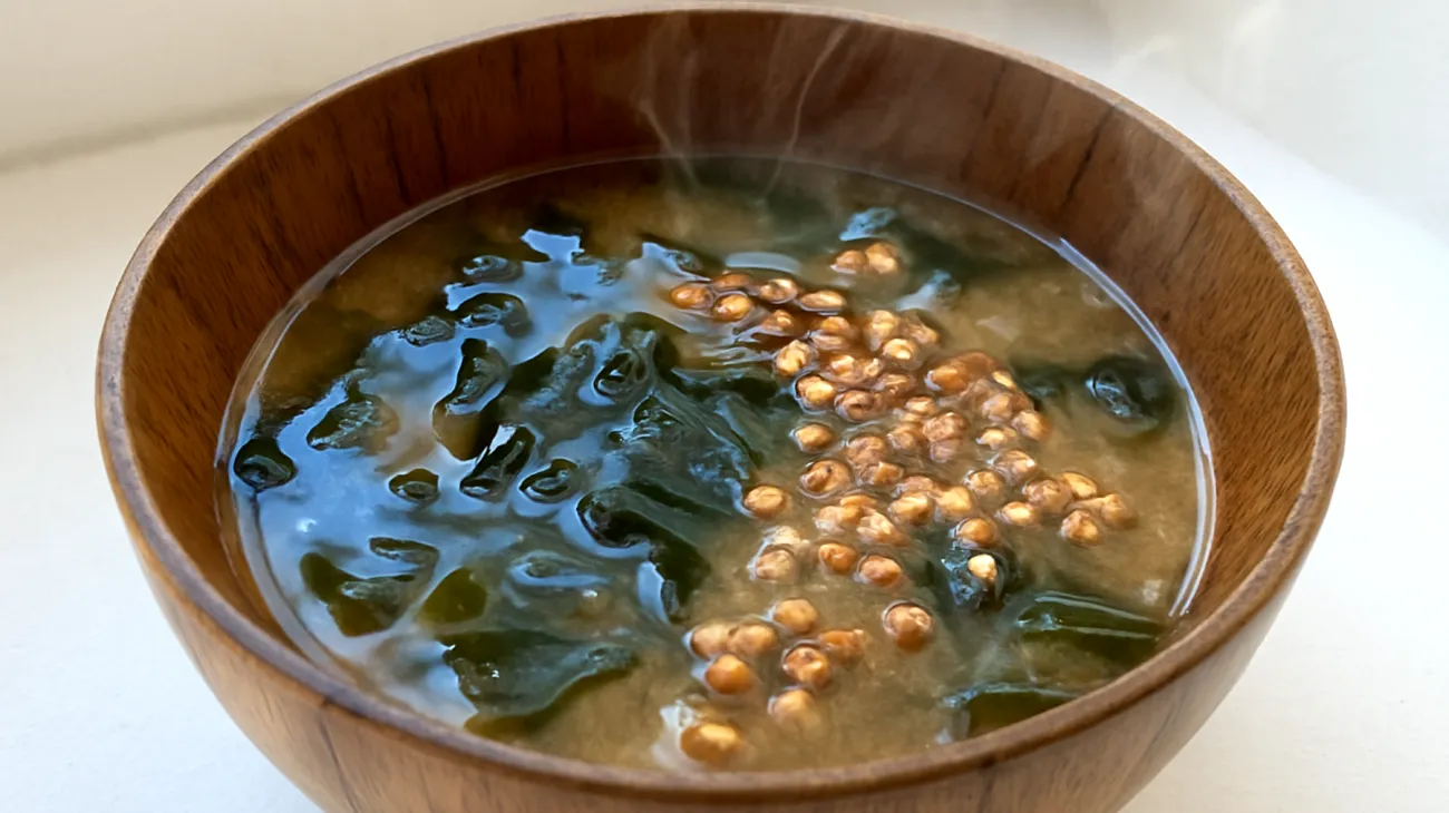 Miso-Suppe mit Wakame-Algen und geröstetem Buchweizen"