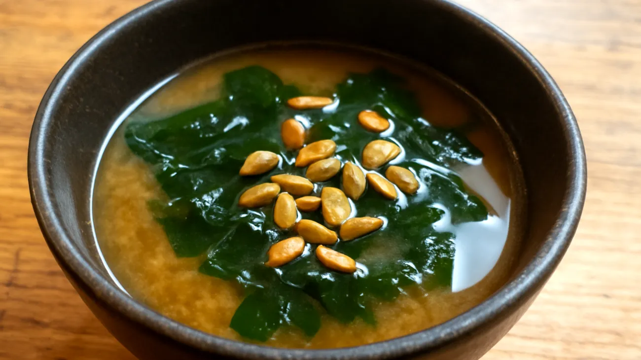 Miso-Suppe mit Wakame-Algen und gerösteten Kürbiskernen"