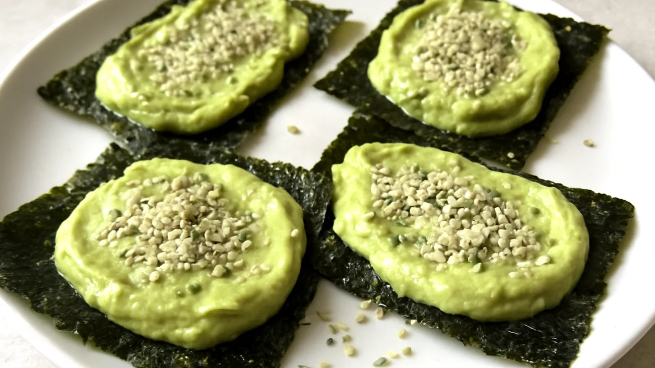 Nori-Blätter mit Avocado-Tahini-Creme und Hanfsamen"