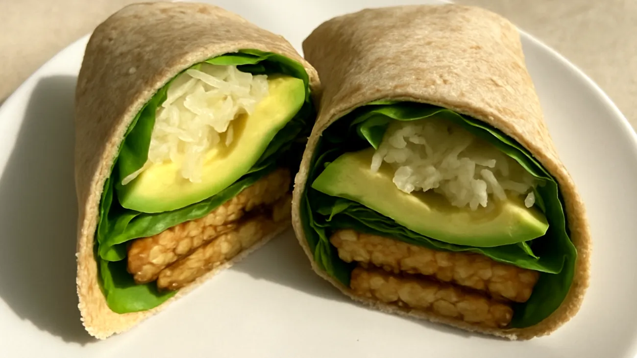 Tempeh-Spinat-Wrap mit Avocado und Sauerkraut"