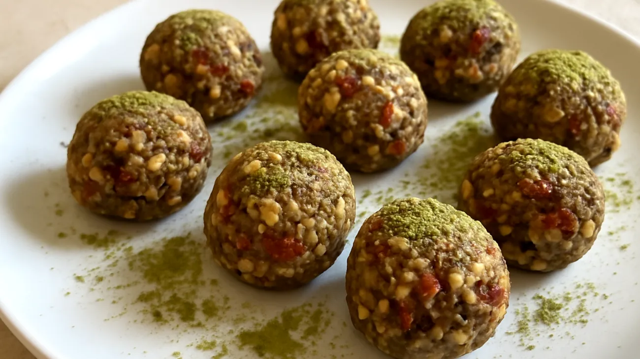 Walnuss-Goji-Beeren-Bällchen mit Matcha"